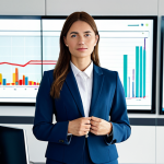 A professional individual, fully clothed in a modest business suit, stands with calm confidence in a modern, dynamic office environment. Their expression conveys resilience and an ability to embrace uncertainty, looking towards a data screen displaying fluctuating charts, but without distress. The workspace is clean and well-lit with natural light. The overall image captures a sense of quiet strength and adaptability. safe for work, appropriate content, fully clothed, professional dress, perfect anatomy, correct proportions, natural pose, well-formed hands, proper finger count, natural body proportions, high-quality professional photography, realistic.