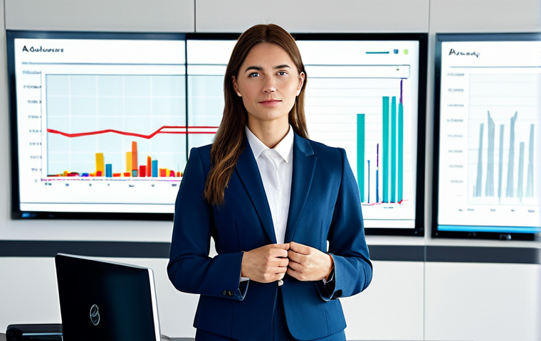 A professional individual, fully clothed in a modest business suit, stands with calm confidence in a modern, dynamic office environment. Their expression conveys resilience and an ability to embrace uncertainty, looking towards a data screen displaying fluctuating charts, but without distress. The workspace is clean and well-lit with natural light. The overall image captures a sense of quiet strength and adaptability. safe for work, appropriate content, fully clothed, professional dress, perfect anatomy, correct proportions, natural pose, well-formed hands, proper finger count, natural body proportions, high-quality professional photography, realistic.