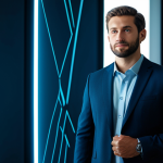 A professional male, fully clothed in a crisp, modest business suit, standing confidently in a modern, high-tech office. Abstract, glowing lines and geometric shapes, symbolizing data and innovation, emanate around him. His natural pose and focused gaze convey an embrace of future challenges and a readiness to learn. The background is sleek and minimalist, emphasizing progress. Perfect anatomy, correct proportions, natural body proportions, well-formed hands, proper finger count, professional photography, studio lighting, high quality, safe for work, appropriate content, fully clothed, professional.