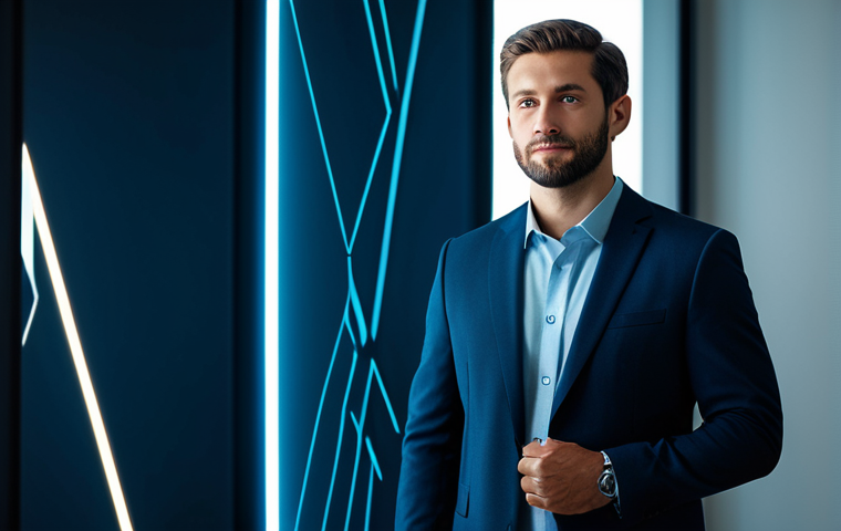 A professional male, fully clothed in a crisp, modest business suit, standing confidently in a modern, high-tech office. Abstract, glowing lines and geometric shapes, symbolizing data and innovation, emanate around him. His natural pose and focused gaze convey an embrace of future challenges and a readiness to learn. The background is sleek and minimalist, emphasizing progress. Perfect anatomy, correct proportions, natural body proportions, well-formed hands, proper finger count, professional photography, studio lighting, high quality, safe for work, appropriate content, fully clothed, professional.