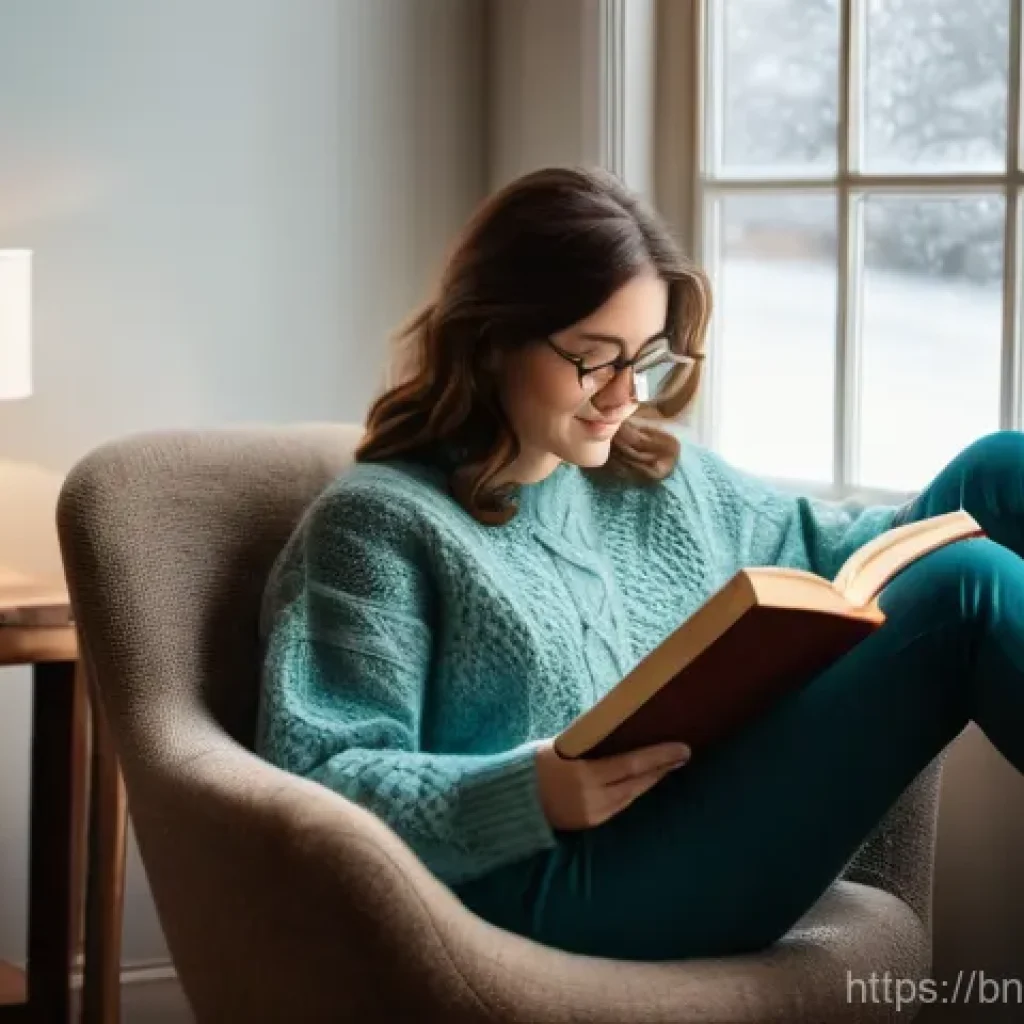 일상에서 불확실성 수용하는 법 - **A Serene Reading Nook:** A young woman, approximately 25-30 years old, with soft, wavy brown hair,...