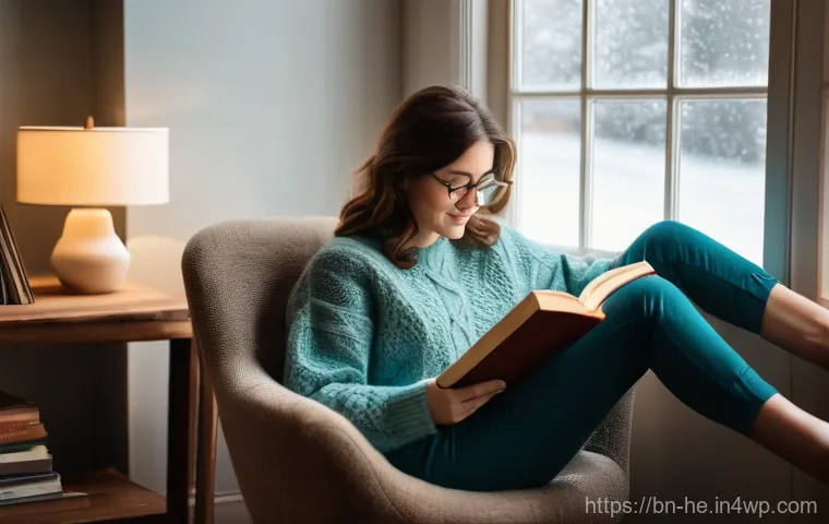 일상에서 불확실성 수용하는 법 - **A Serene Reading Nook:** A young woman, approximately 25-30 years old, with soft, wavy brown hair,...