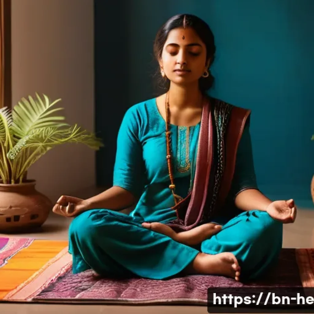 불확실성 수용 사고법을 통한 개인 성장 - A serene indoor scene featuring a young Bengali woman practicing mindful meditation in a cozy, softl...