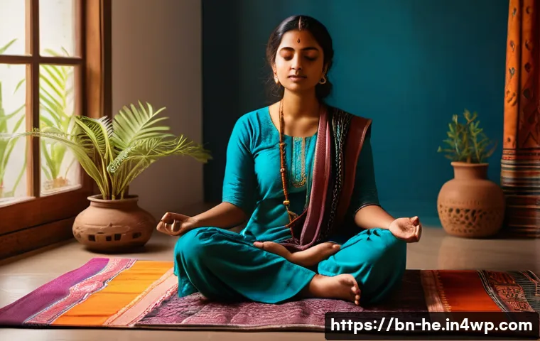 불확실성 수용 사고법을 통한 개인 성장 - A serene indoor scene featuring a young Bengali woman practicing mindful meditation in a cozy, softl...