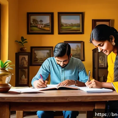 Home 17 불확실성을 수용하는 재무 관리 - A detailed and vibrant illustration of a Bengali family sitting around a wooden table in a cozy, wel...