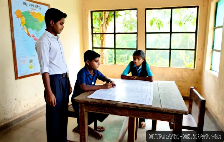 불확실성을 수용하는 교육적 접근법 - Photorealistic Bengali classroom scene in Dhaka, a thoughtful teacher guiding a small group of teena...
